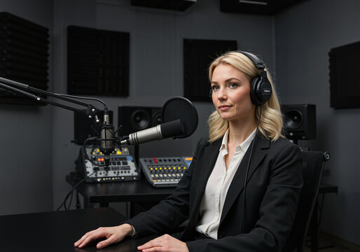 Young woman wearing headphones sitting at microphone in recording studio  
