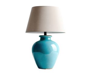 Teal ceramic table lamp with off-white shade (1)