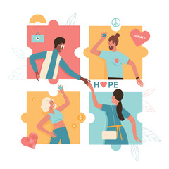 People share help, care and assistance. Cartoon volunteers holding hands inside puzzle support concept flat vector illustration.