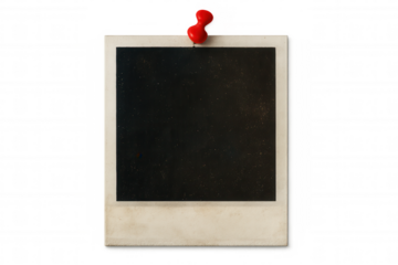 Vintage photo print pinned by red pushpin, conveying nostalgic sentiment against transparent backdrop