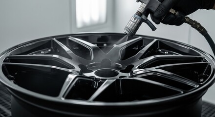 Mechanic's hand in a glove spray painting a custom black car rim in an auto body shop