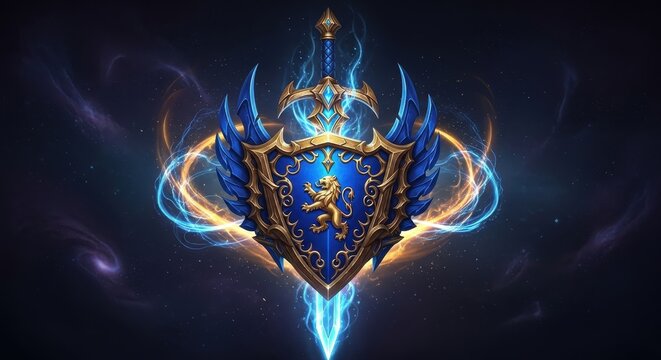 Fantasy Shield and Sword Illustration, Lion Crest, Glowing Energy, Digital Art - Powered by Adobe