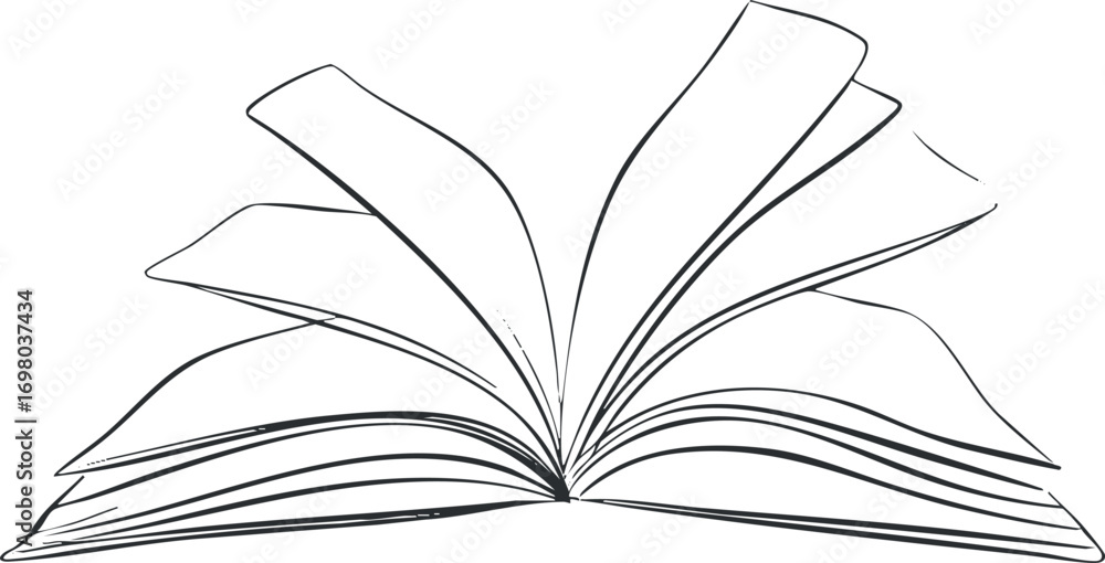 Poster an illustration of an open book with visible pages, symbolizing reading and education. black on tran