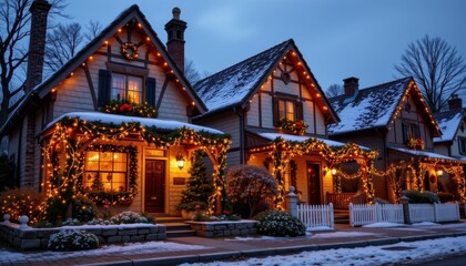 Traditional houses decorated with Christmas garlands and lights, with the subject positioned at the bottom and ample copy space at the top for text.