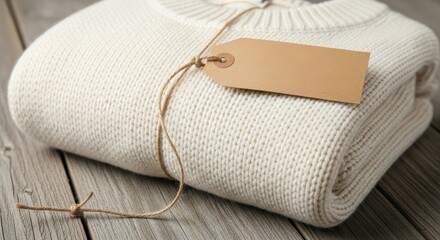 Folded Cream-Colored Sweater with Blank Tag on Rustic Wood