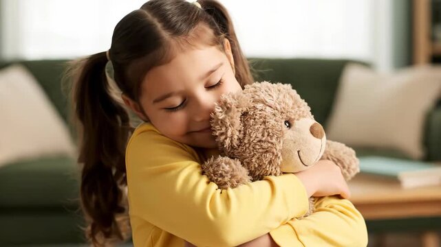 Little Girl Hugs Her Teddy Bear Happily Inside the Living Room During the Daytime