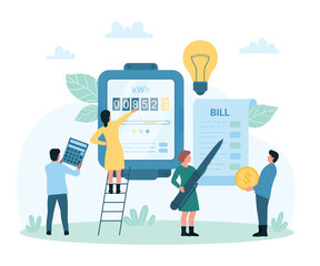 Electricity bill payment vector illustration. Cartoon tiny people manage and check electric meter readings with calculator and pen, pay cash money from family budget after paper invoice inspection