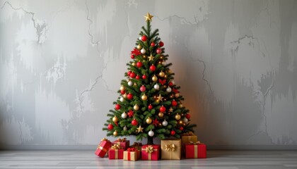 Christmas tree with gifts against grey wall, twinkling lights, bold clarity style, subject at top, ample copy space at bottom for presents, optimized for photo.