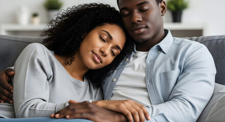 Peaceful Couple Napping Together on Cozy Sofa Love Happiness Relaxation Comfort Resting Serene Calm Tranquility Domesticity Intimacy Togetherness Home Sweet Home
