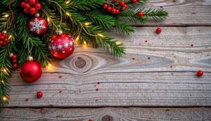 Festive winter scene with sparkling ornaments and evergreen branches on rustic wooden surface, subject on right, ample copy space on left, polished style, clear positioning for photo.