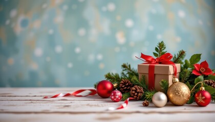 Christmas still life with festive decorations, subject at the top, ample blank space below for text, well lit and balanced position.