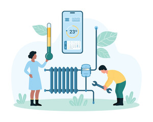 Heating and savings vector illustration. Cartoon tiny people hold wrench and thermometer, use mobile app in phone to control temperature with efficiency, reduce consumption, save energy and money