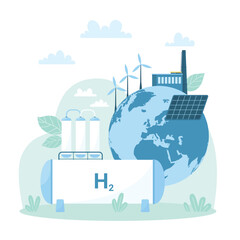 Fototapeta premium Green hydrogen production and storage, renewable energy technology for zero emissions vector illustration. Cartoon power plant, eco solar panel and windmill to produce electricity for planet Earth