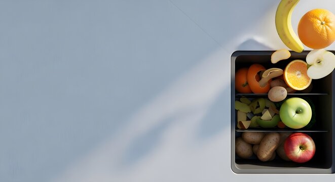 Top-down view of a refrigerator with a variety of fresh fruits and vegetables, showcasing healthy eating and food storage in a modern kitchen setting. - Powered by Adobe