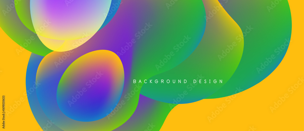 Poster abstract fluid shapes blend vibrant colors. yellow backdrop complements flowing forms, creating dyna