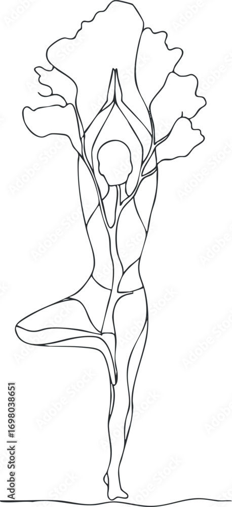 Poster a minimalist line art illustration of a person in tree pose surrounded by tree branches. black on tr