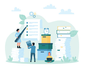 Office bureaucracy, checklist administration vector illustration. Cartoon tiny people work among stacks of paperwork, reports and bills, employee holding pen to mark option on information list