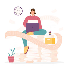 Bureaucracy, lot of paperwork vector illustration. Cartoon employee sitting with laptop on stack of paper documents and box with bunch of pages to work with long endless business report sheet