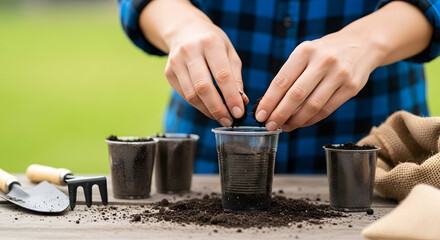 Planting seeds spring gardening hobby nature growth plant seeds soil hand planting flowers springtime outdoor gardening activity