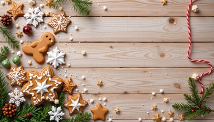 Christmas gingerbread cookies, stars, snowflakes, and spruce tree on wooden table, subject on left with ample copy space on right, clear positioning for photo.