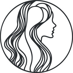 Stylized profile of a woman with flowing hair in a minimalist circular design. Black on transparent background.