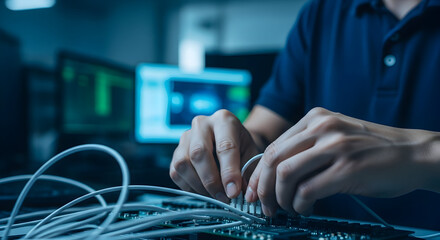 Technologist working with network cables in a server room data center IT technician installing cables computer network infrastructure