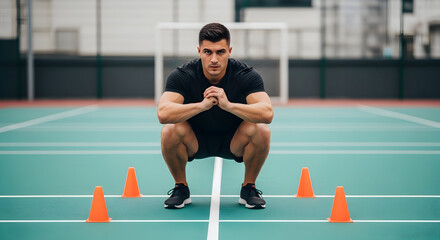 Obraz premium Focused Athlete Ready for Intense Workout Fitness Training Exercise Sport Motivation Strength Power Determination Goal Achievement Success Gym