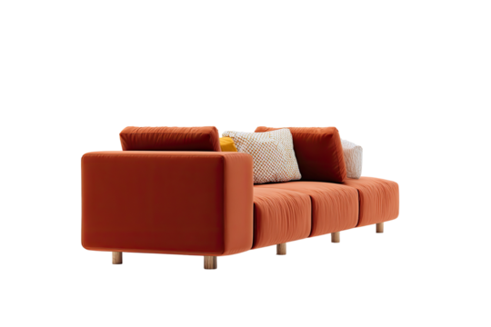 Russet sectional sofa with light wood legs and patterned throw pillows
