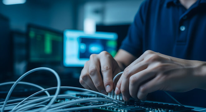 Technologist working with network cables in a server room data center IT technician installing cables computer network infrastructure