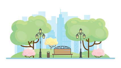 City park landscape in spring vector illustration. Cartoon sunny cityscape scene with downtown public garden for recreation, wood bench and streetlight under green trees, skyline with skyscrapers
