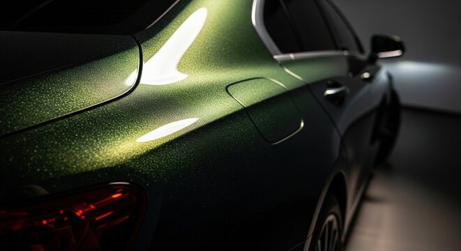 Close up of a modern car with a custom sparkling green chameleon paint finish in a studio