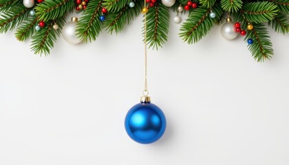 Blue Christmas ornament hanging at the bottom with ample blank space above on a white background, clear positioning for photo.