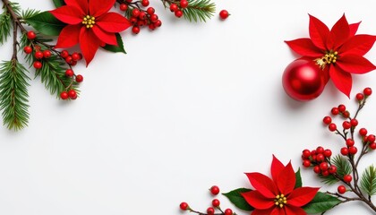 red poinsettia flower frame, branch of stylized Christmas tree, shiny Christmas ball, red berries on white background, Subject positioned on the right, ample space on the left for text, Top view