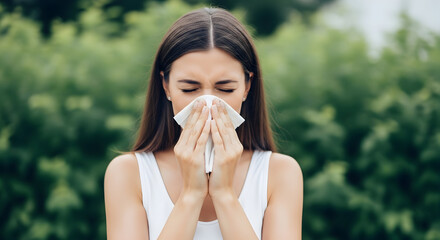 Woman sneezing into tissue outdoors allergy season health springtime fresh air nature wellness wellbeing sick ill disease symptoms cold flu virus infection