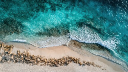 Stunning Zenithal Aerial View of a White Sand Beach with Turquoise Water, Inspiring Tranquility and Relaxation for Marketing and Lifestyle Projects.