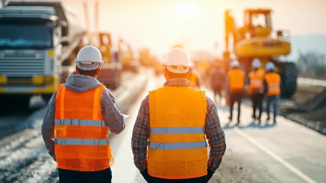 Civil engineers supervise a road construction project at sunset with heavy machinery and a construction team in the background