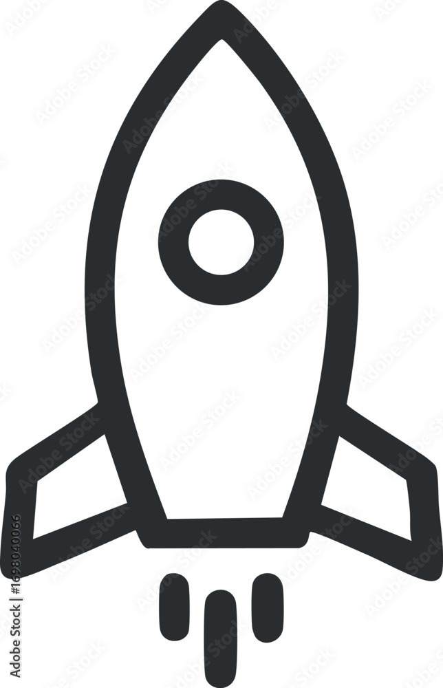 Poster a sleek rocket icon representing space exploration and technological innovation. black on transparen