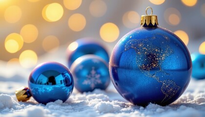 Subject on right with ample left space, sunlit gold tones background featuring blue Christmas balls, clear positioning for photo use.