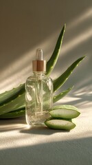 Aloe Vera and Serum Bottle on a Minimalist Background