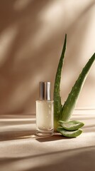 Aloe Vera and Serum Bottle on a Minimalist Background