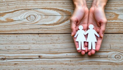 Hands holding paper family cutout on the right, ample blank space on the left for copy, representing family support, adoption, foster care, autism awareness, and mental health themes.