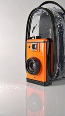Orange vintage camera in protective case