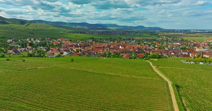 Aerial view of Eguisheim, small picturesque village in the province of Alsace, France