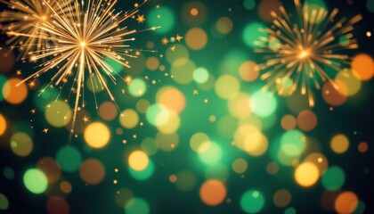Gold and green fireworks with bokeh effects, abstract holiday background, subject positioned at the top, ample copy space at the bottom, suitable for photos.