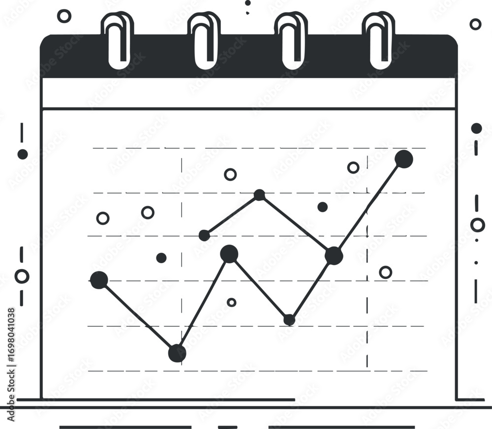 Aufkleber illustration of a calendar with a line graph showing data trends and analytics. black on transparent