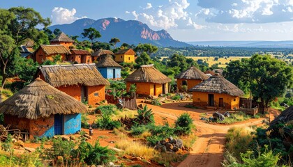 A vibrant village nestled in a valley, showcasing traditional dwellings with thatched roofs and warm earth tones against a backdrop of rolling hills.