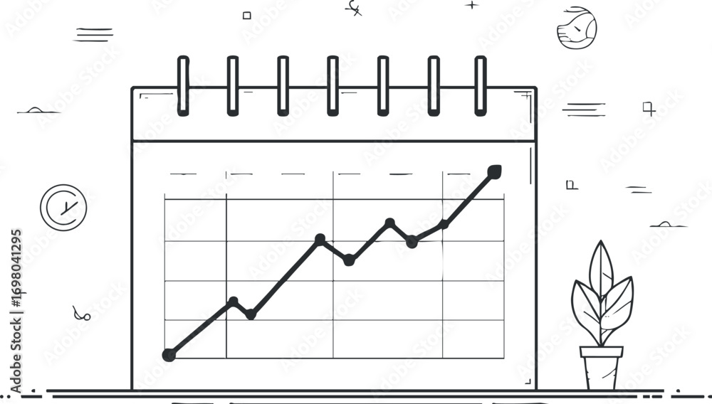 Poster a minimalist illustration of a calendar with a rising graph symbolizing growth and progress. black o