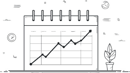 A minimalist illustration of a calendar with a rising graph symbolizing growth and progress. Black on transparent background.