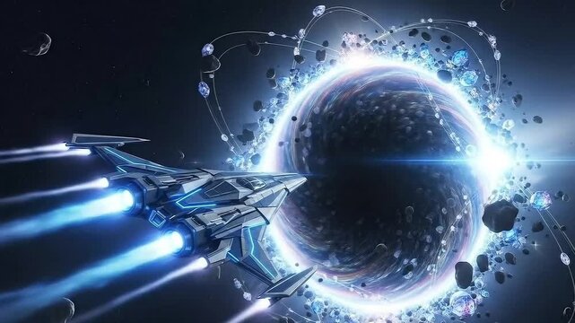 Epic slow-motion approach: ship dives toward breathtaking dimensional portal, swirling with iridescent fractal energy patterns and orbiting crystals. Asteroids drift past, portal edges pulsate with gl