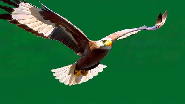 &aacute;guila real (Aquila chrysaetos) en primer plano, volando con las alas extendidas y mostrando su envergadura imponente. Fondo completamente verde uniforme tipo chroma key